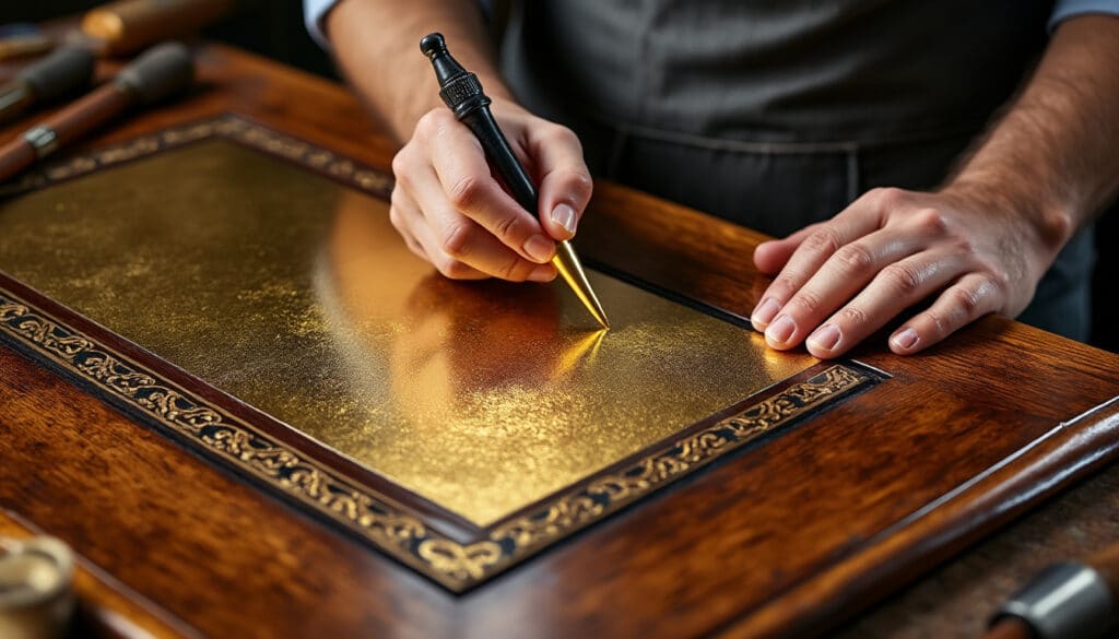 découvrez l'application traditionnelle de la feuille d'or sur bois à travers les techniques de restauration d'art enseignées dans un atelier d'ébénisterie classique, alliant savoir-faire ancestral et excellence artisanale.
