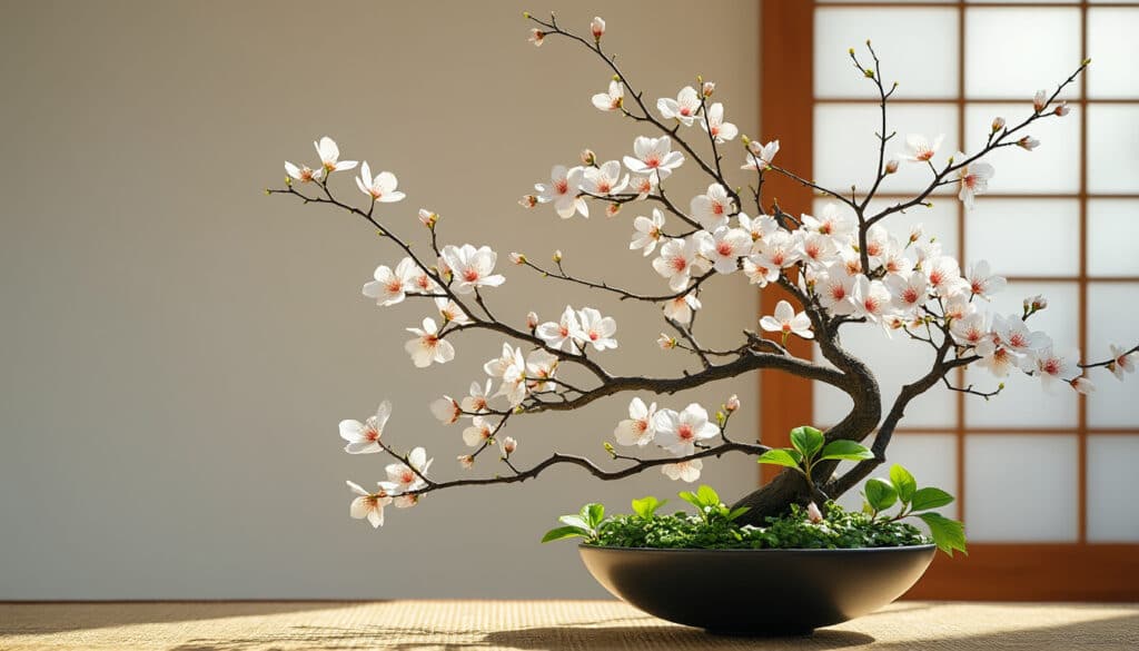 découvrez la composition d'art floral japonais ikebana, harmonisée selon les principes traditionnels présentés dans cet atelier d'artisanat, alliant esthétique et sérénité.
