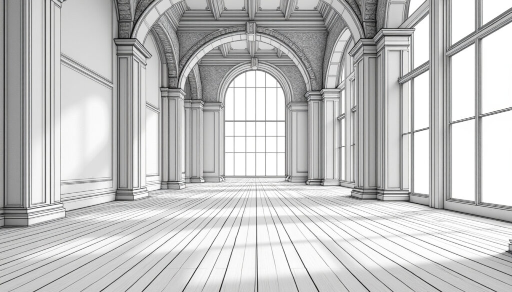 apprenez à maîtriser le dessin d'architecture en perspective conique grâce à l'utilisation précise du point de fuite dans notre atelier spécialisé en perspective spatiale.