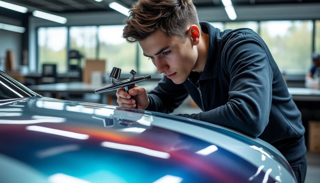 découvrez la technique maîtrisée de l'aérographie sur carrosserie, enseignée par une école de design industriel, pour un contrôle précis des pressions de peinture et des résultats professionnels.