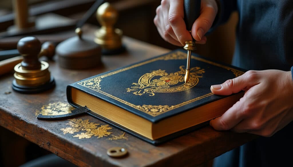 découvrez les techniques traditionnelles de dorure à chaud sur cuir, maîtrisées par un relieur expert dans un atelier des métiers d'art, alliant savoir-faire artisanal et élégance.